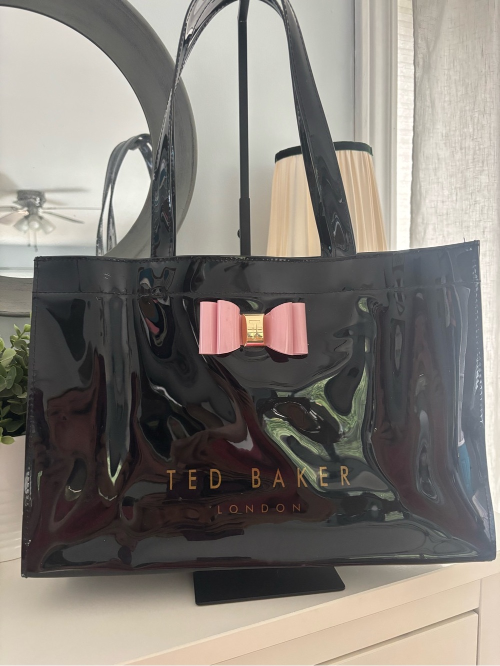 Ted Baker Black Patent Tote with Pink Bow Accent